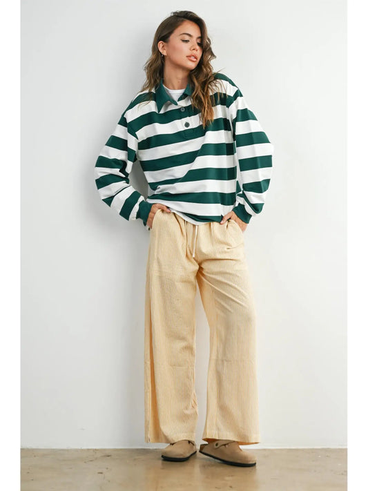 Striped Quarter-Buttoned Collared Sweatshirt