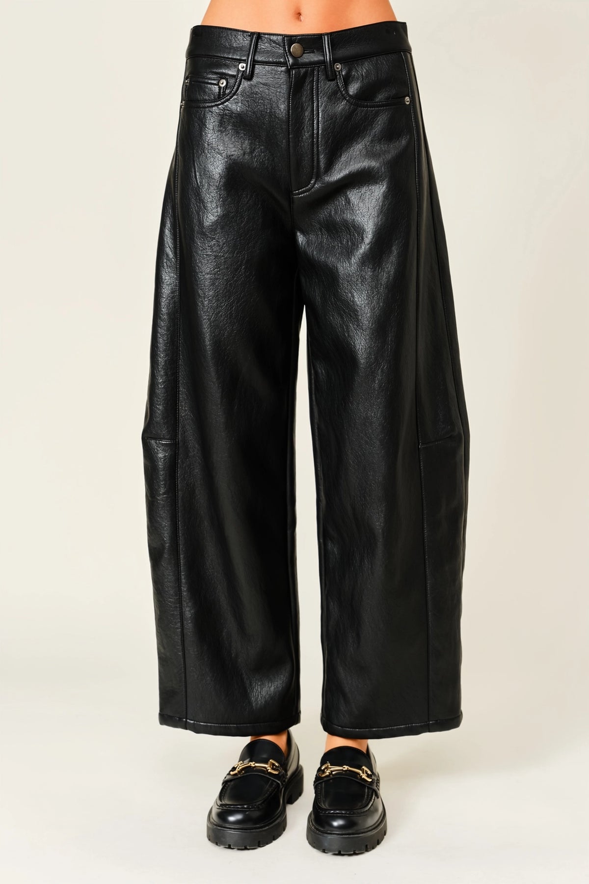 Soft Vegan Leather Barrel Pants