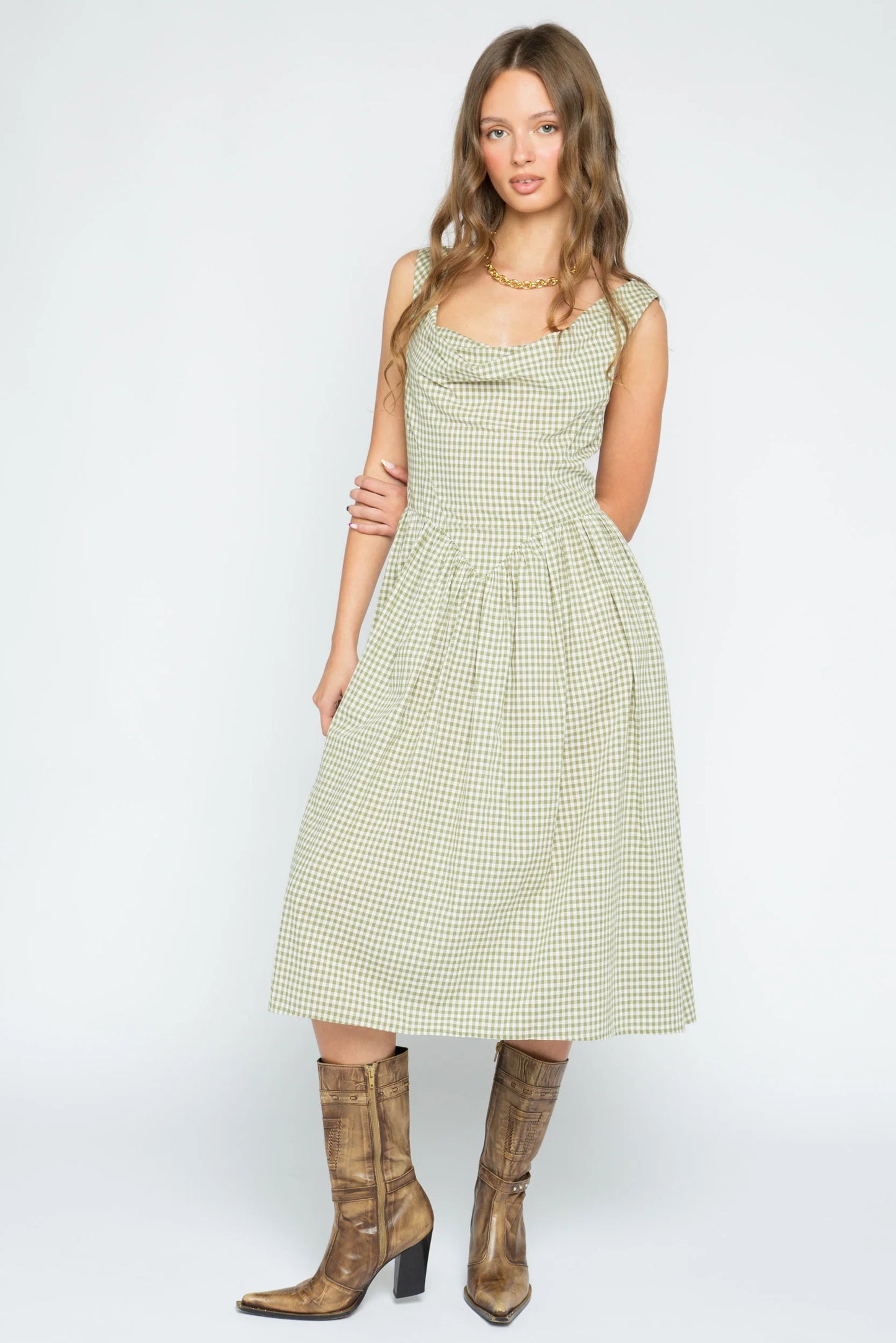 Creme Check Cowl Neck Dress