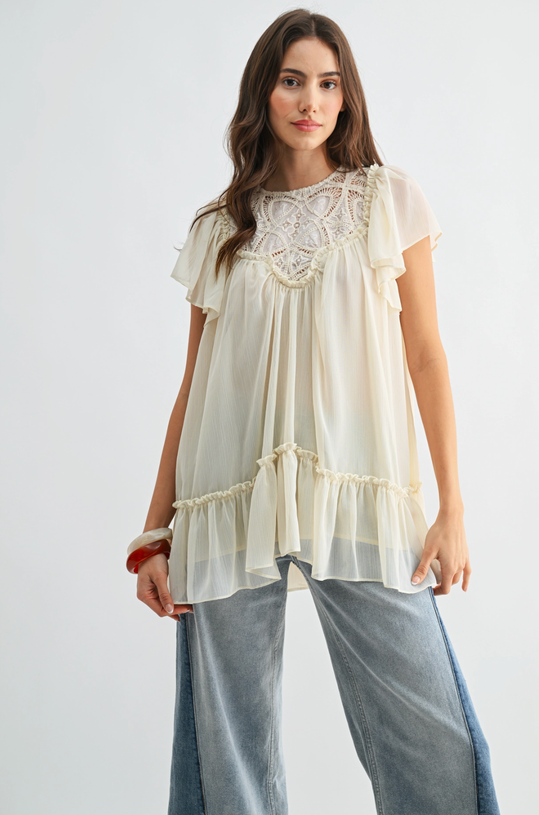 Sheer Lace Yoke Ruffle Sleeve Blouse