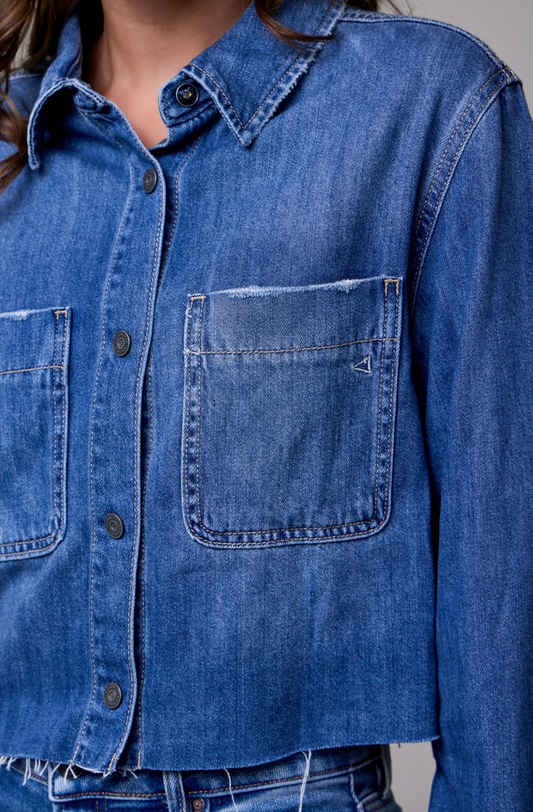 Medium Wash Cropped Denim Shirt