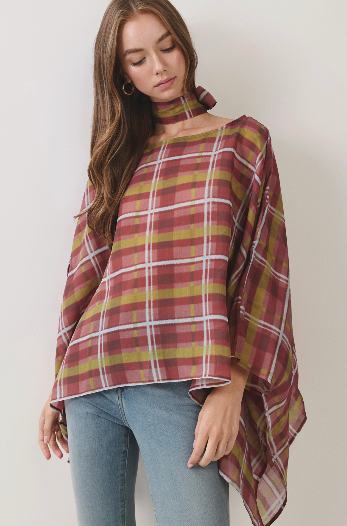 Plaid Scarf Neck Poncho Top