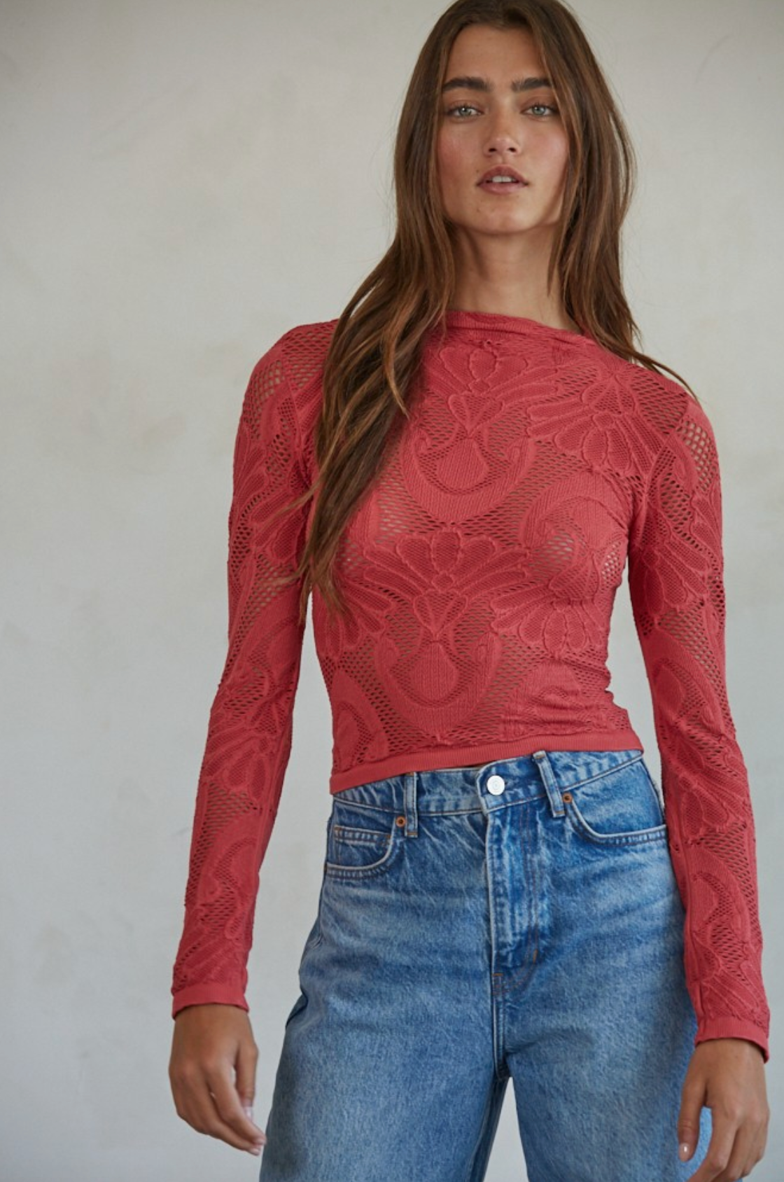 Jacquard Mock Neck Long Sleeve Top