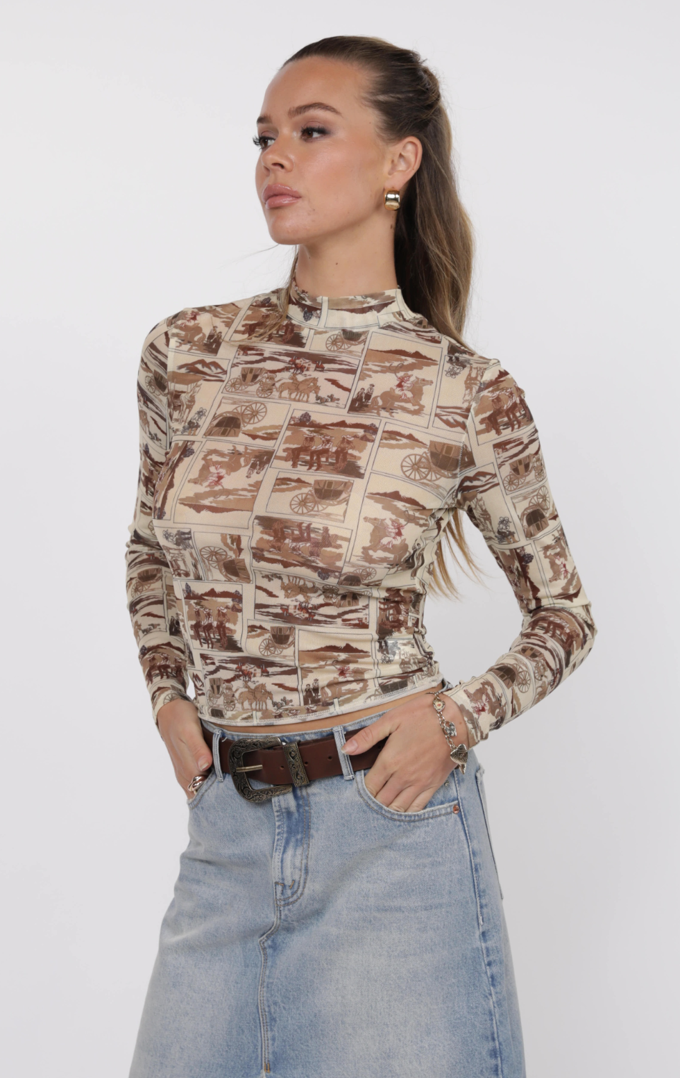 Giddy Up Mock Neck Mesh Top