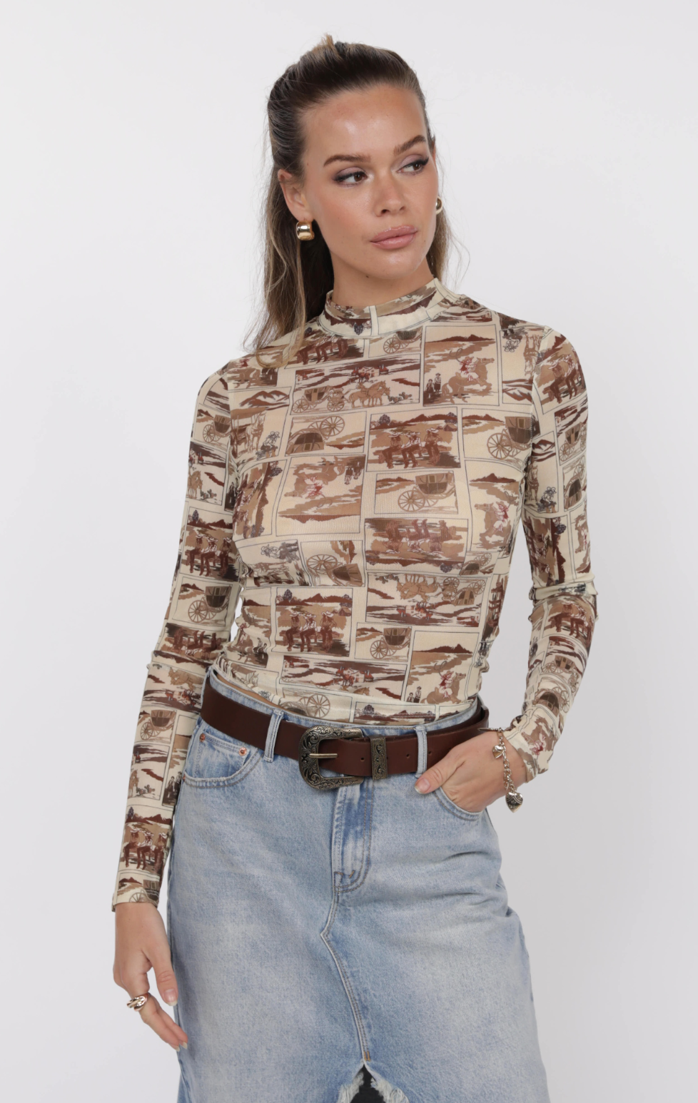 Giddy Up Mock Neck Mesh Top