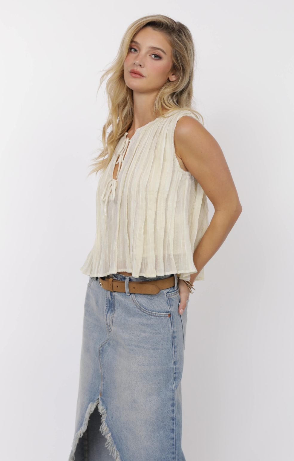 Free Rider Pleated Tie Front Top