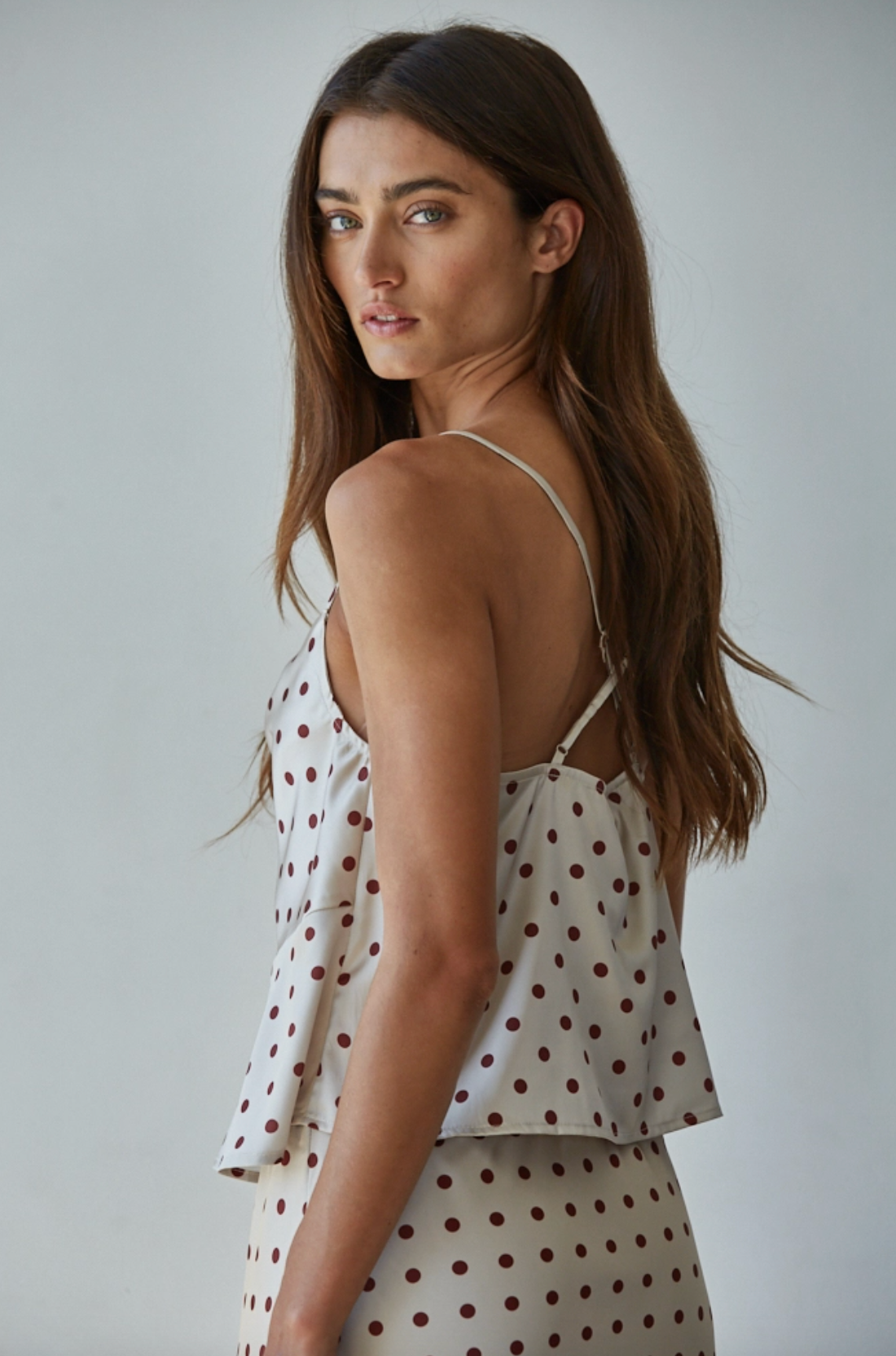 Polka Satin Cowl Neck Sleeveless Top