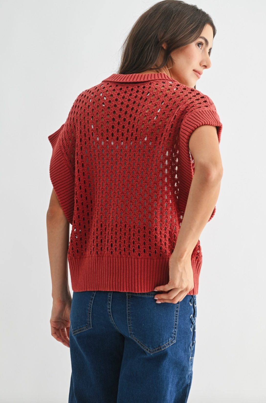 Carmella Open-Knit Button Front Cardigan Vest