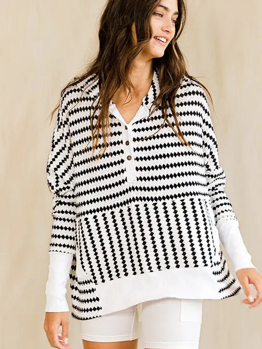 Oversize Stripe Button Up Hoodie