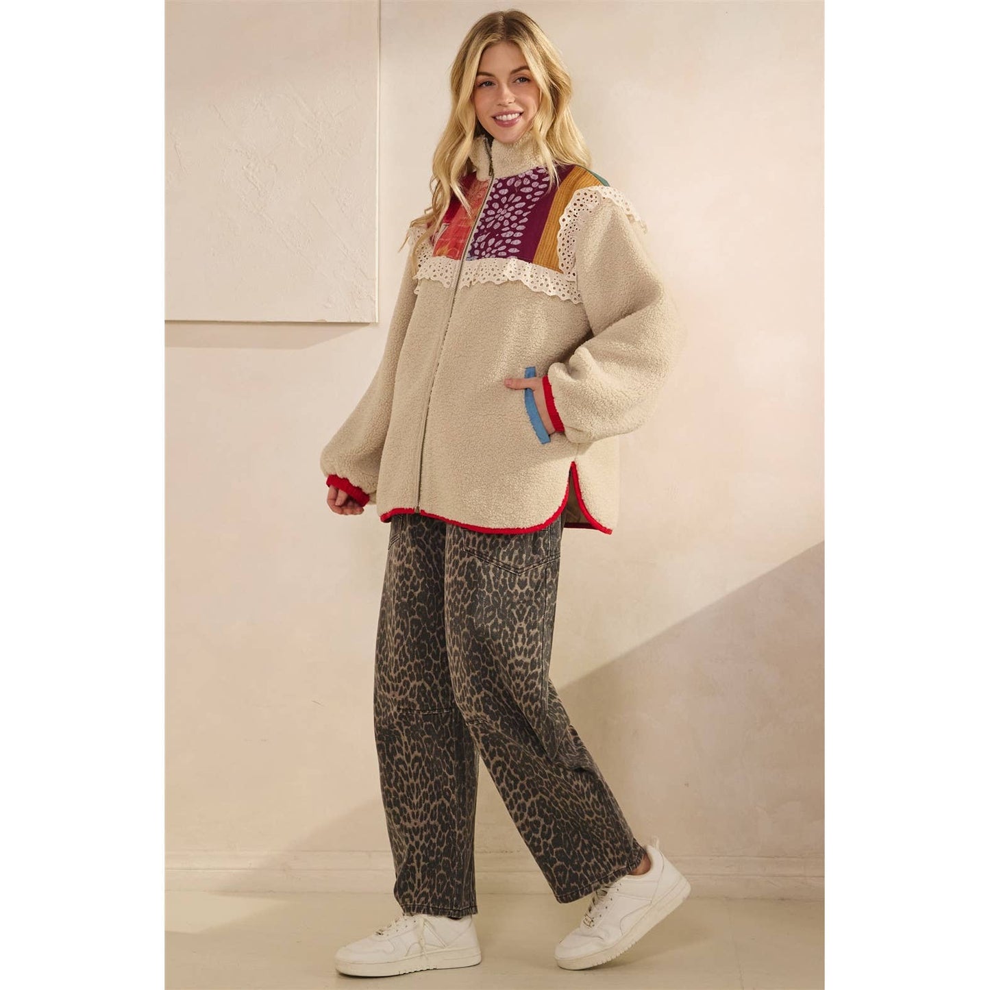 Contrast Printed Teddy Jacket