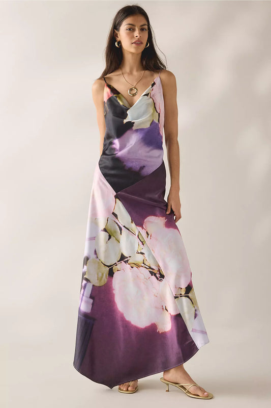Ellie Asymmetric Open-Back Cowl Maxi Dress