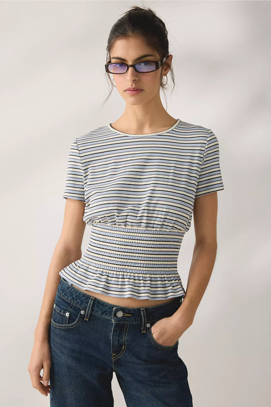 Sea Striped Short Sleeve Peplum Top