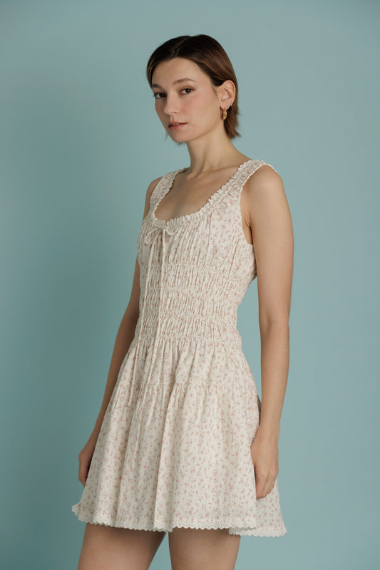 Eyelet Trim Floral Mini Dress