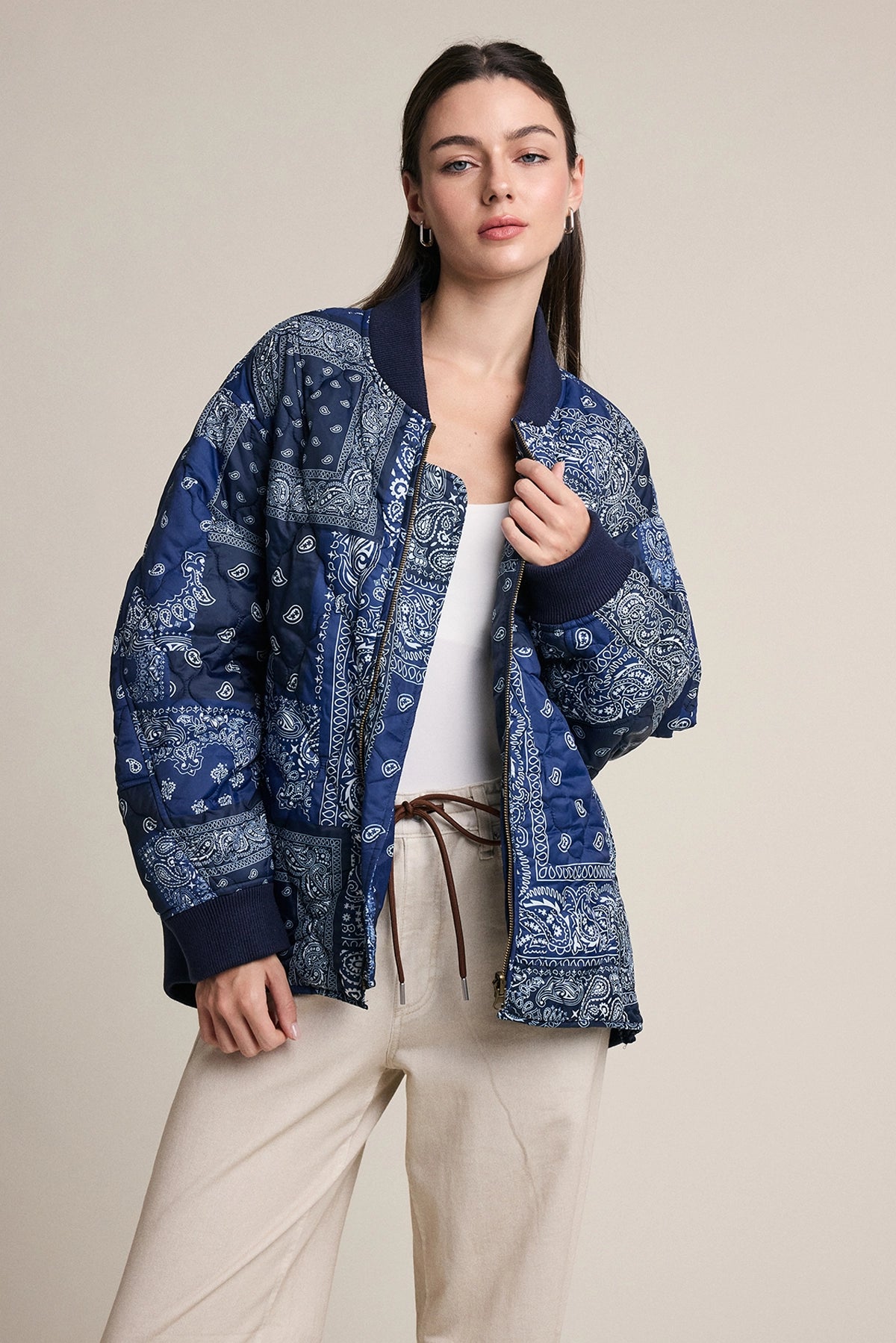 Paisley Bandana Print Quilted Bomber Jacket