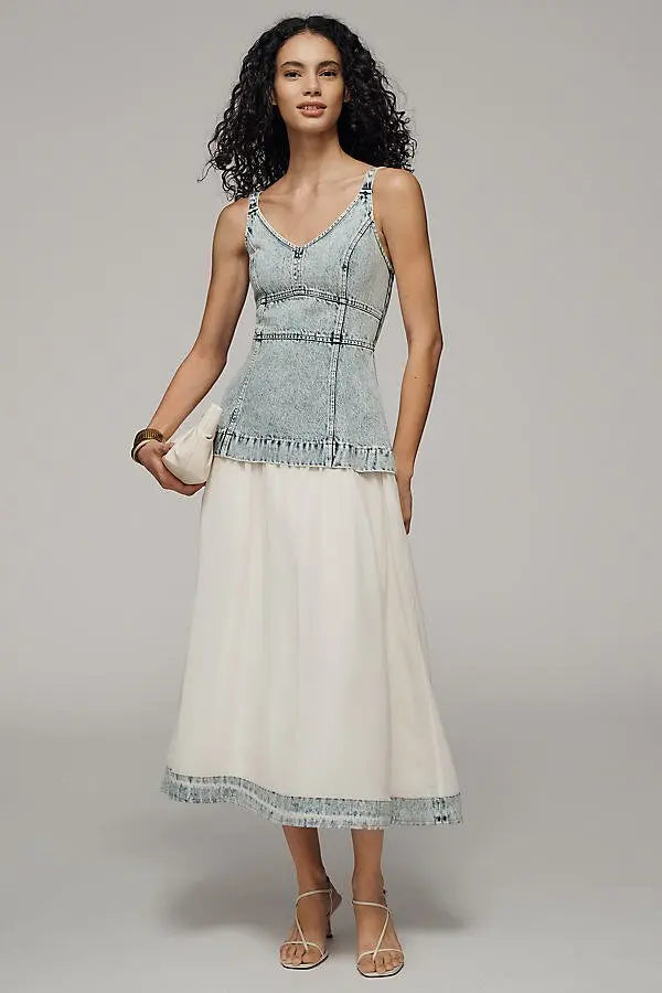 Mixed Media Washed Denim Sleeveless Midi