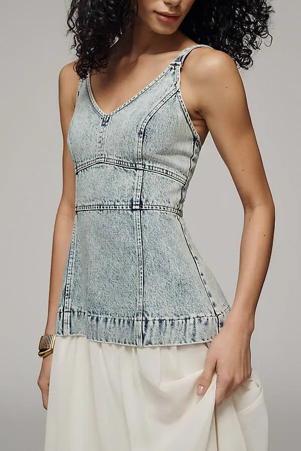 Mixed Media Washed Denim Sleeveless Midi