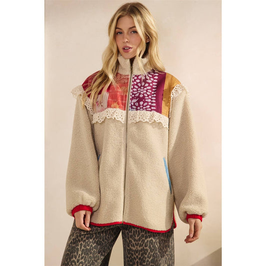 Contrast Printed Teddy Jacket