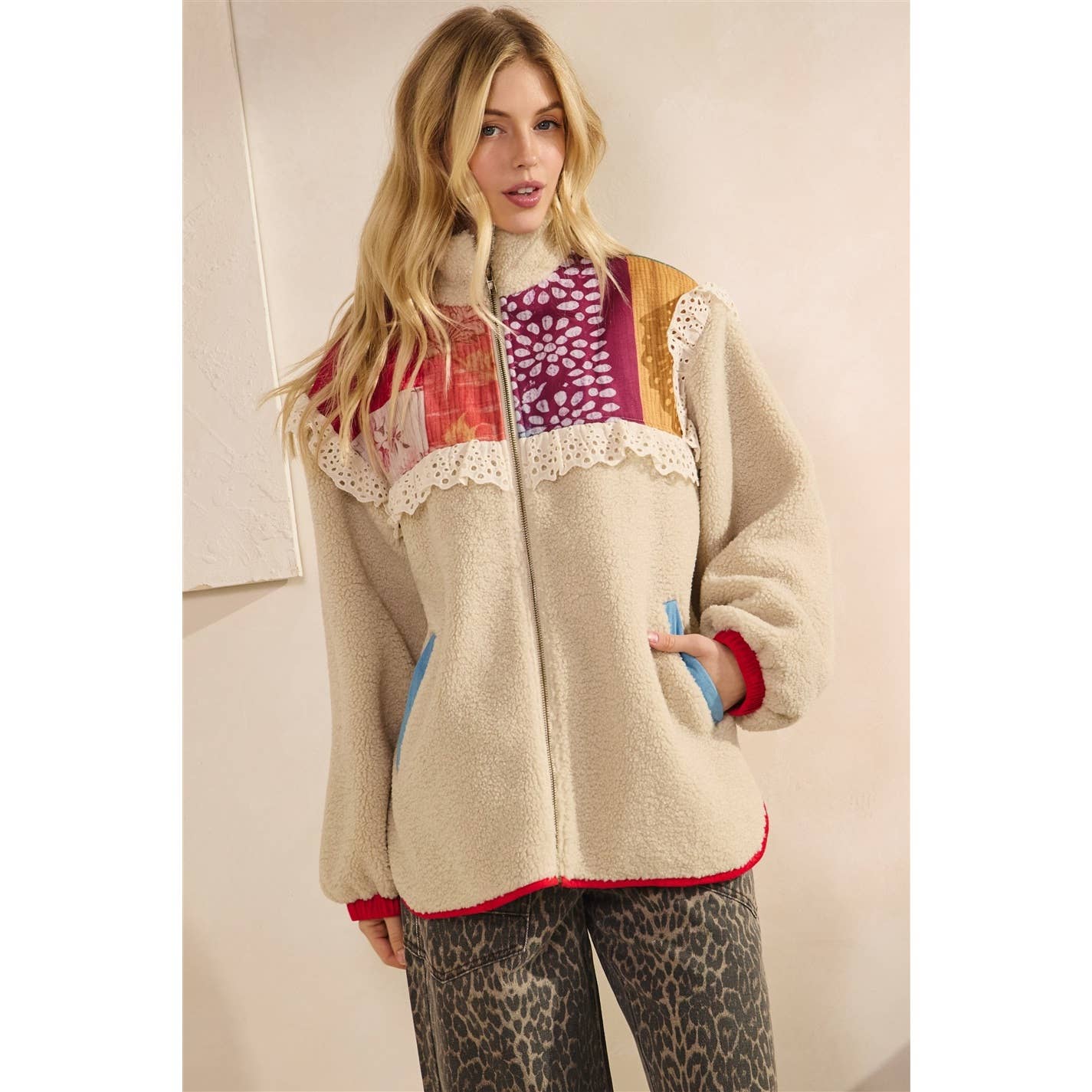 Contrast Printed Teddy Jacket