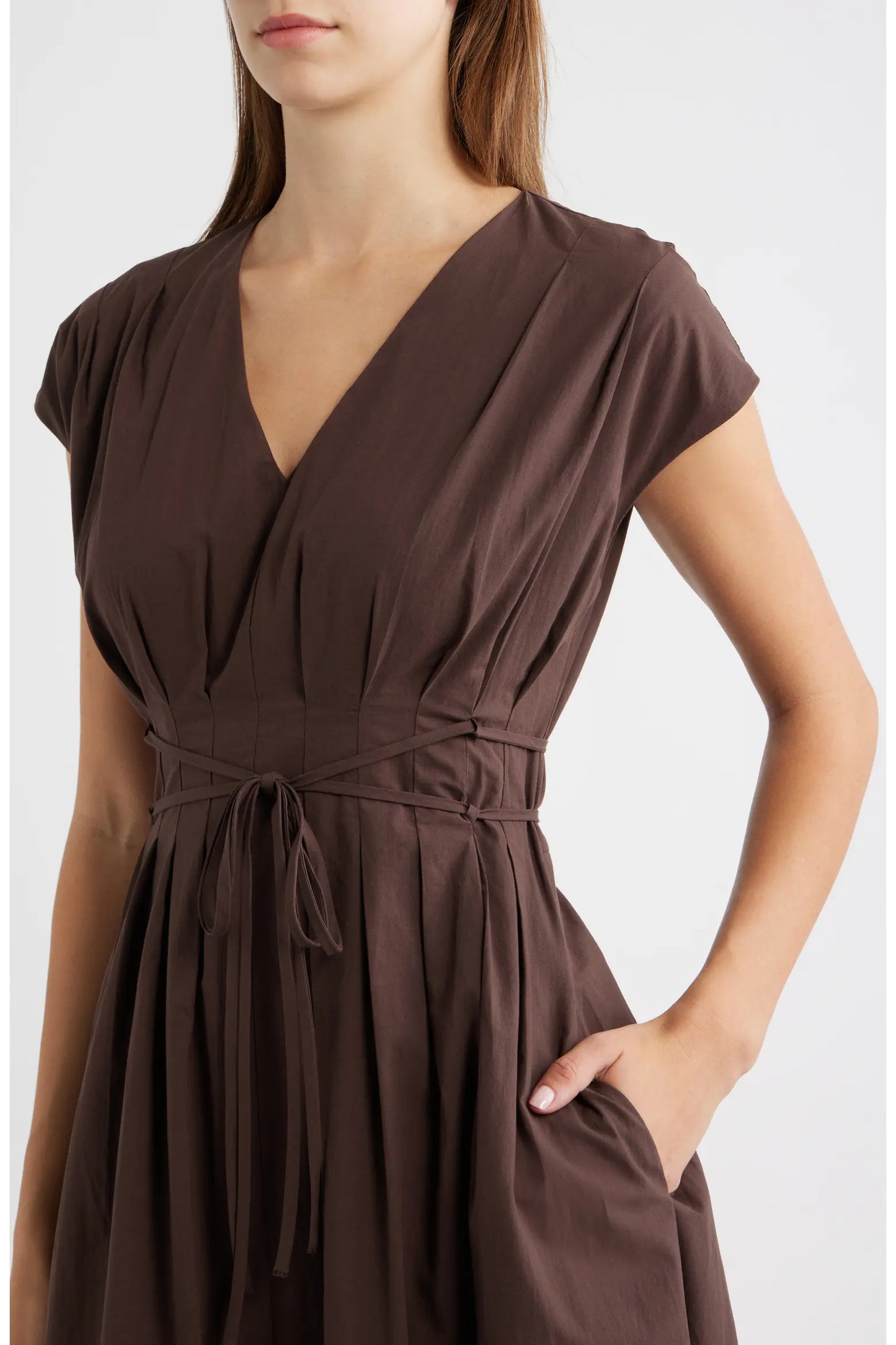 Pleated V-Neck Midi Dress