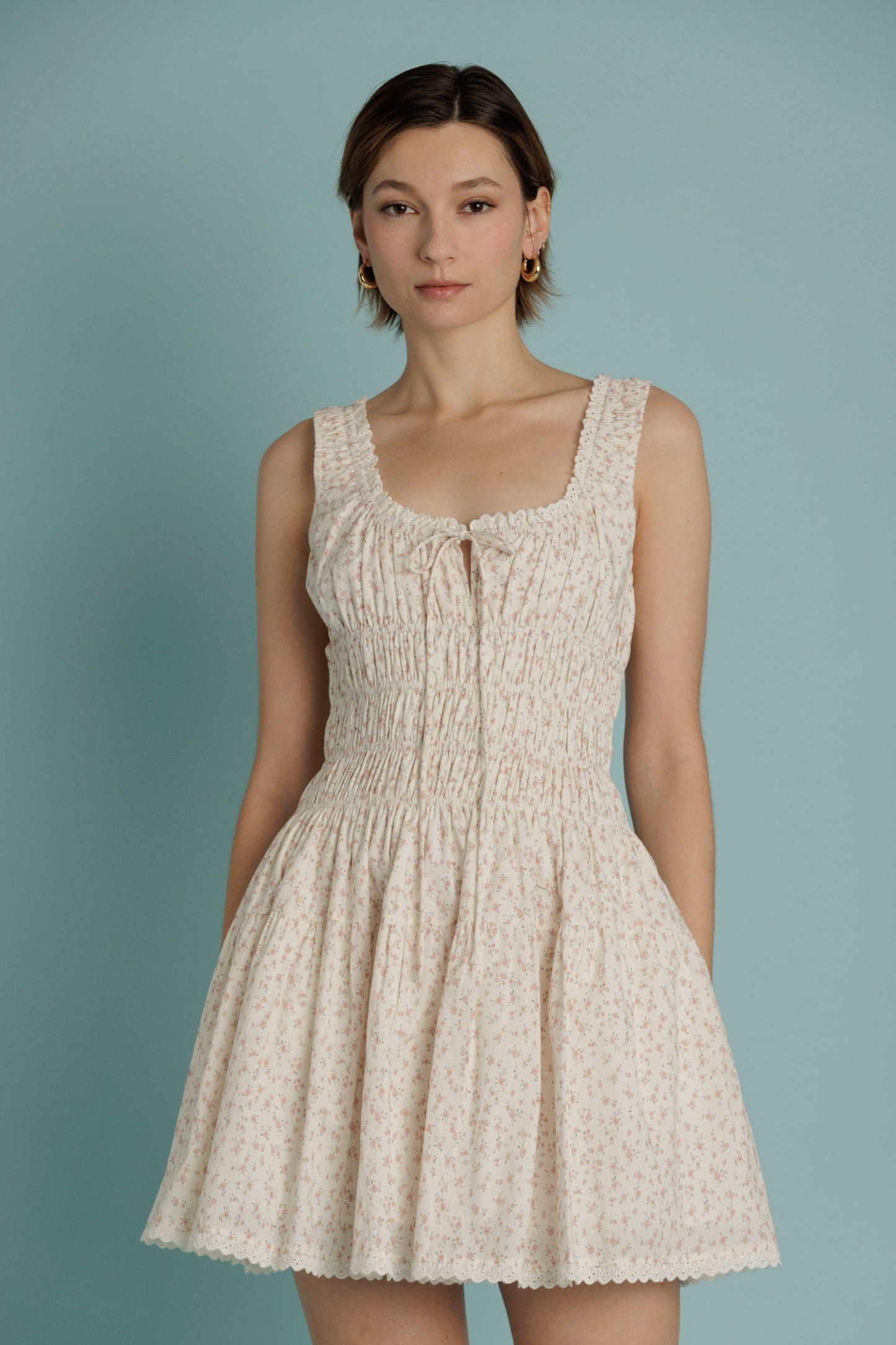 Eyelet Trim Floral Mini Dress