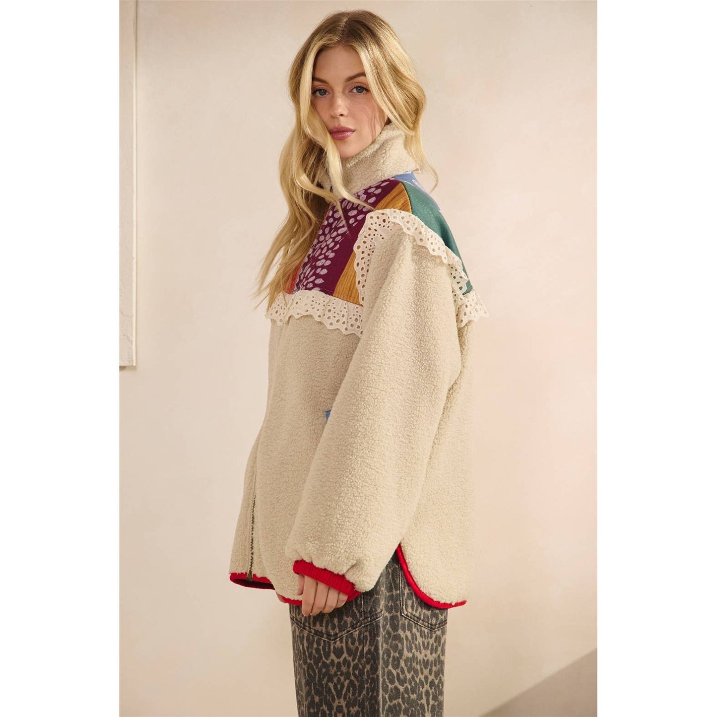 Contrast Printed Teddy Jacket