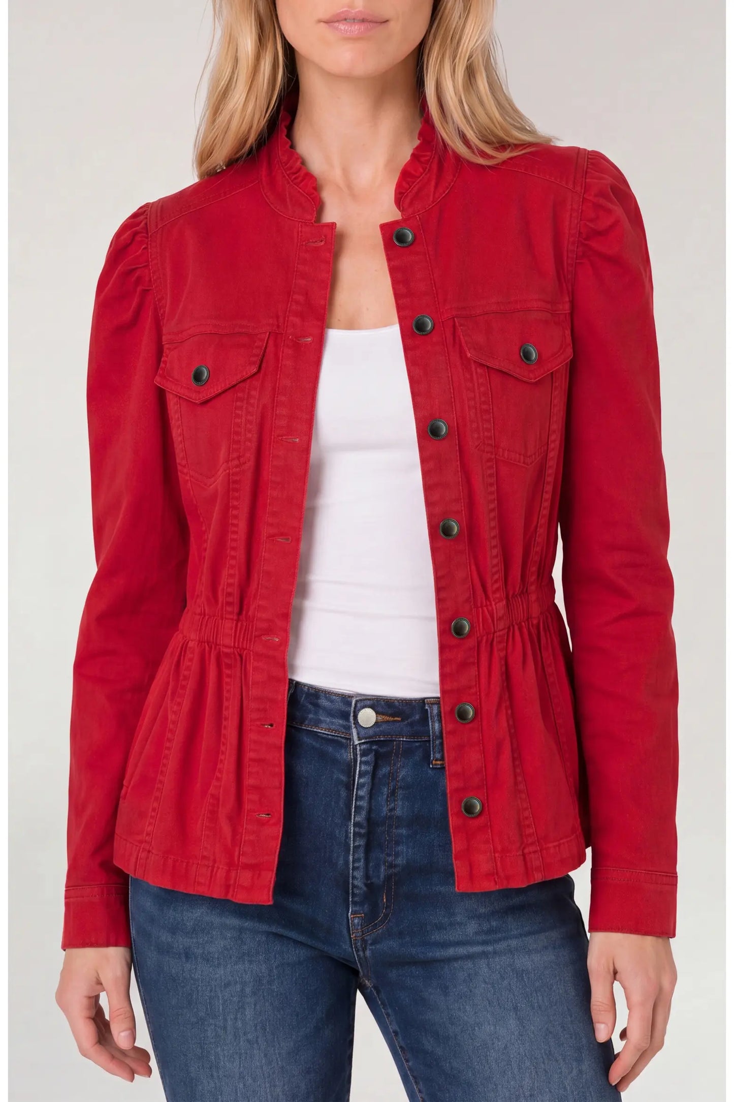 Puff Sleeve Ruffle Trim Trucker Jacket