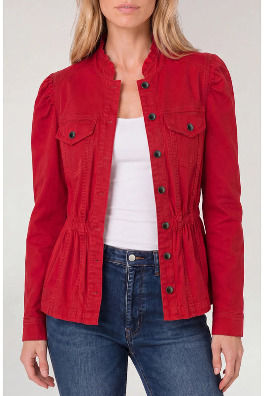 Puff Sleeve Ruffle Trim Trucker Jacket
