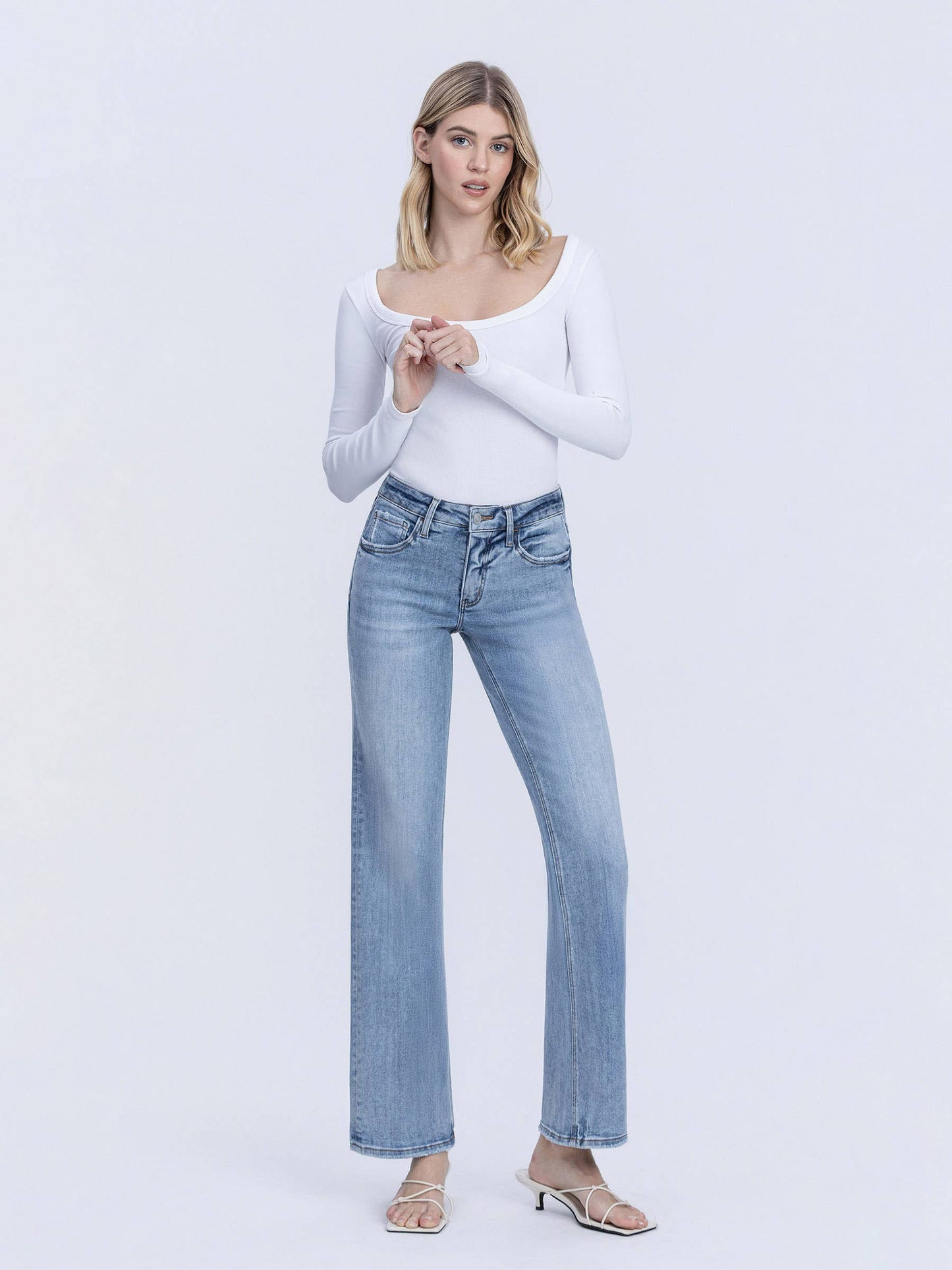 Undisputable Tummy Control Mid Rise Light Wash Slim Wide Jeans