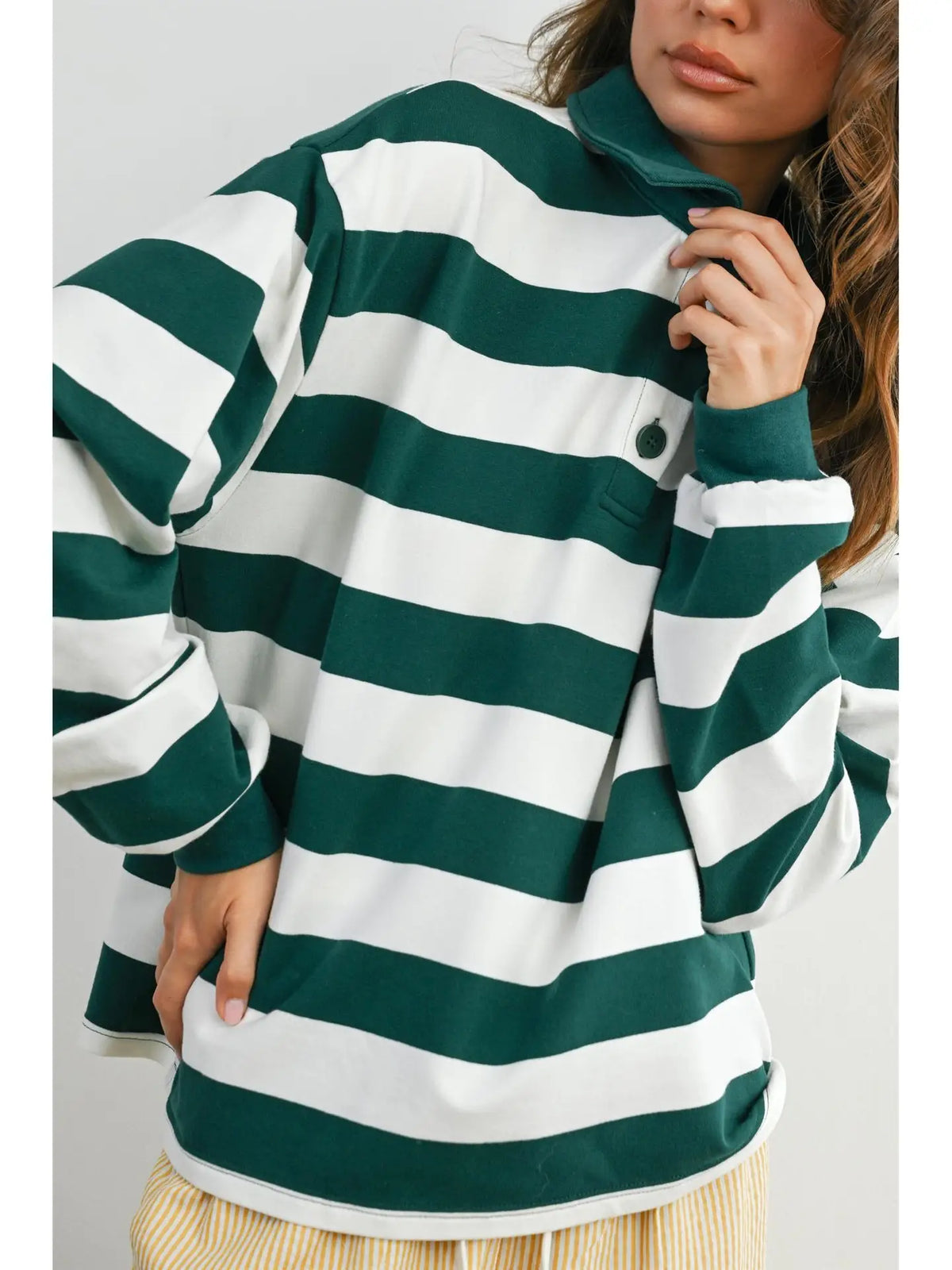 Striped Quarter-Buttoned Collared Sweatshirt