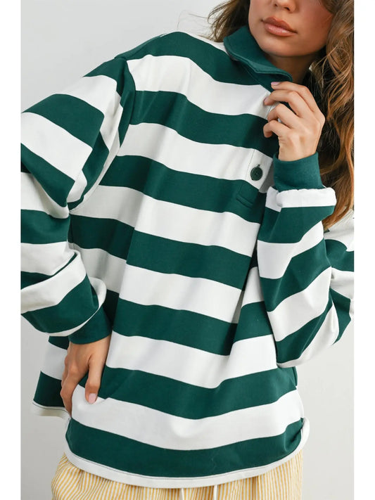 Striped Quarter-Buttoned Collared Sweatshirt