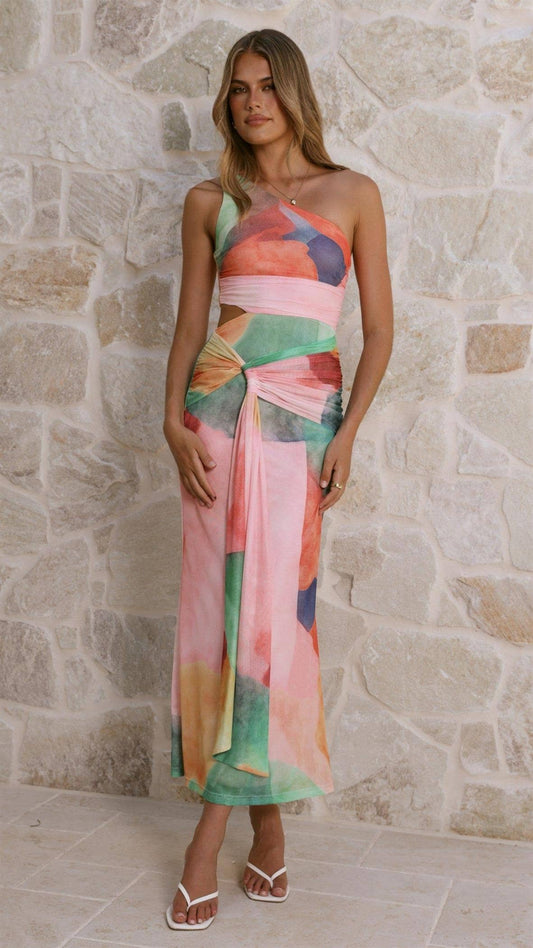 One Shoulder Abstract Maxi Dress