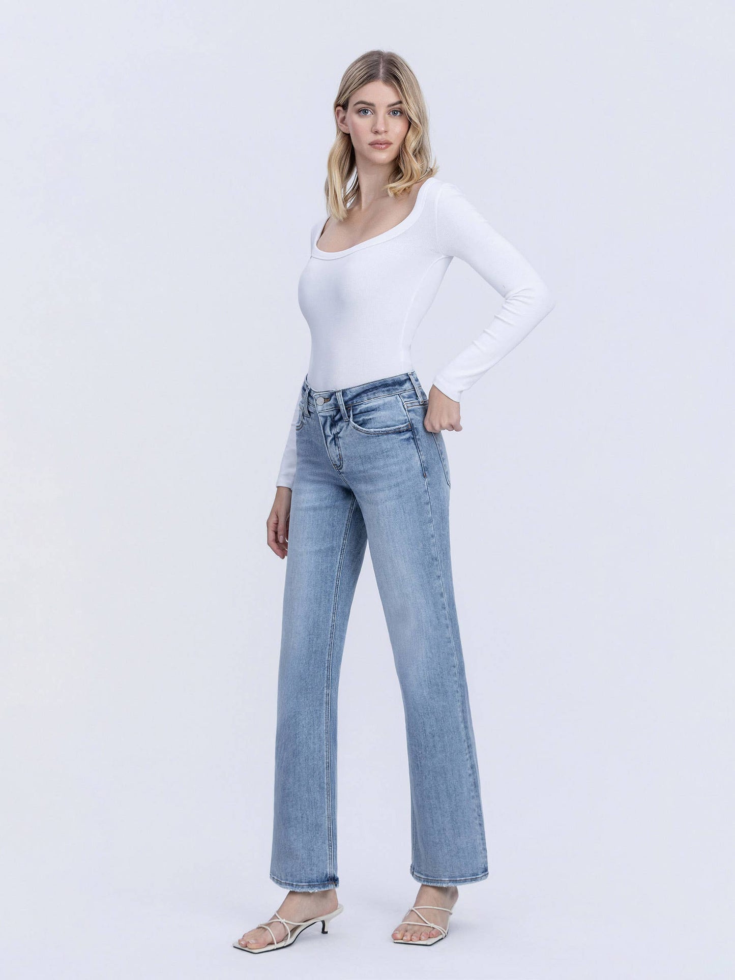 Undisputable Tummy Control Mid Rise Light Wash Slim Wide Jeans