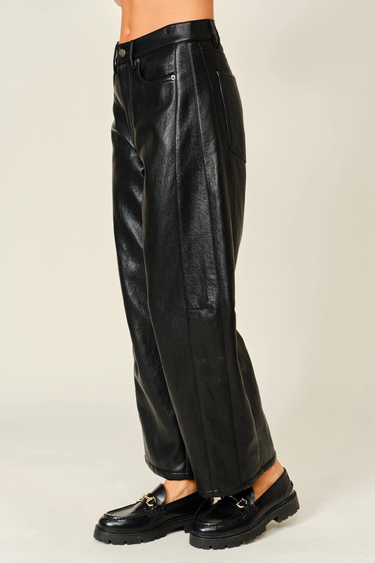 Soft Vegan Leather Barrel Pants