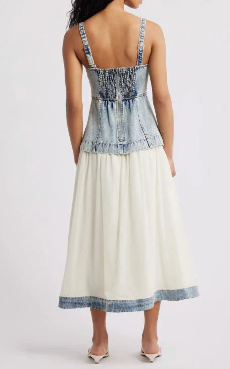 Mixed Media Washed Denim Sleeveless Midi