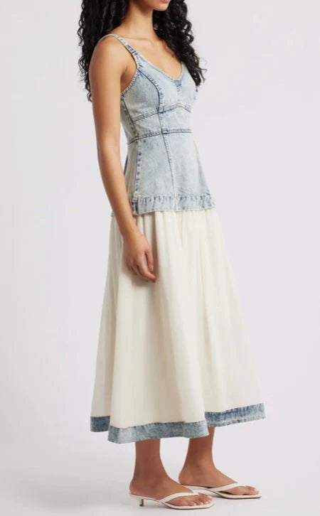 Mixed Media Washed Denim Sleeveless Midi