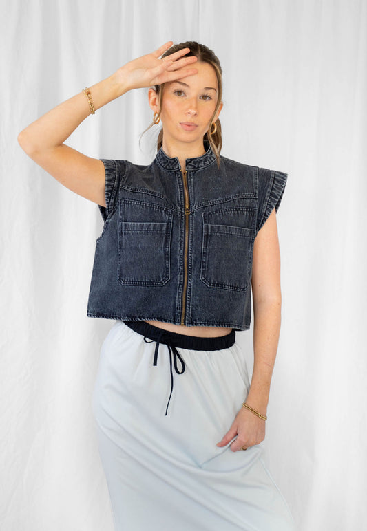 Cap Sleeve Crop Denim Button Up
