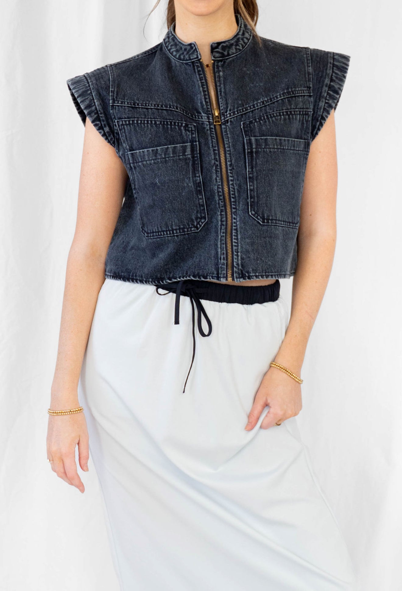 Cap Sleeve Crop Denim Button Up