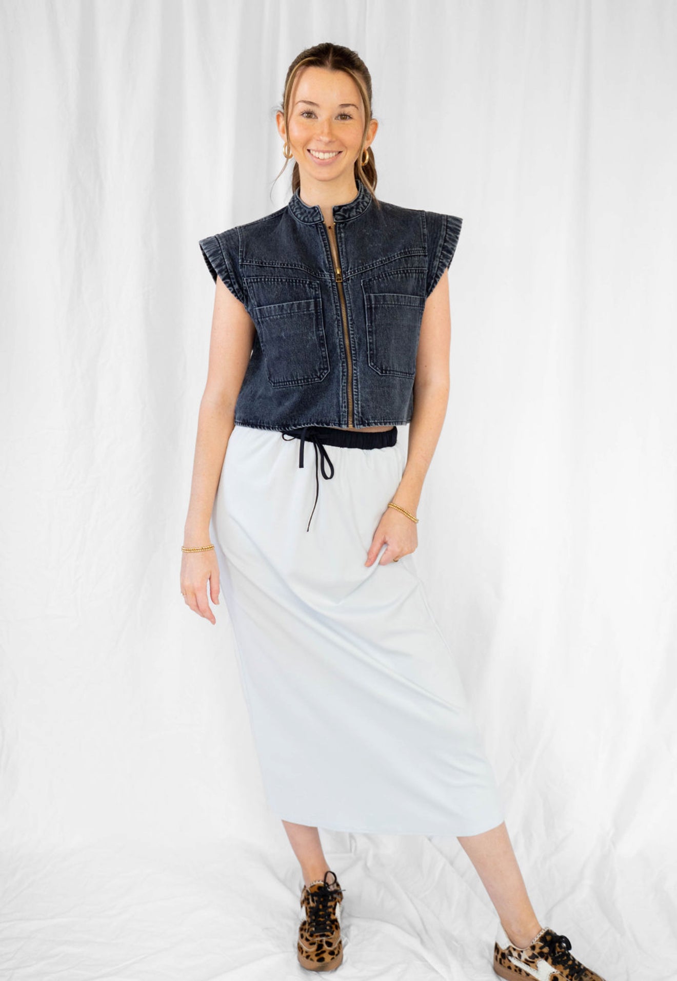 Cap Sleeve Crop Denim Button Up
