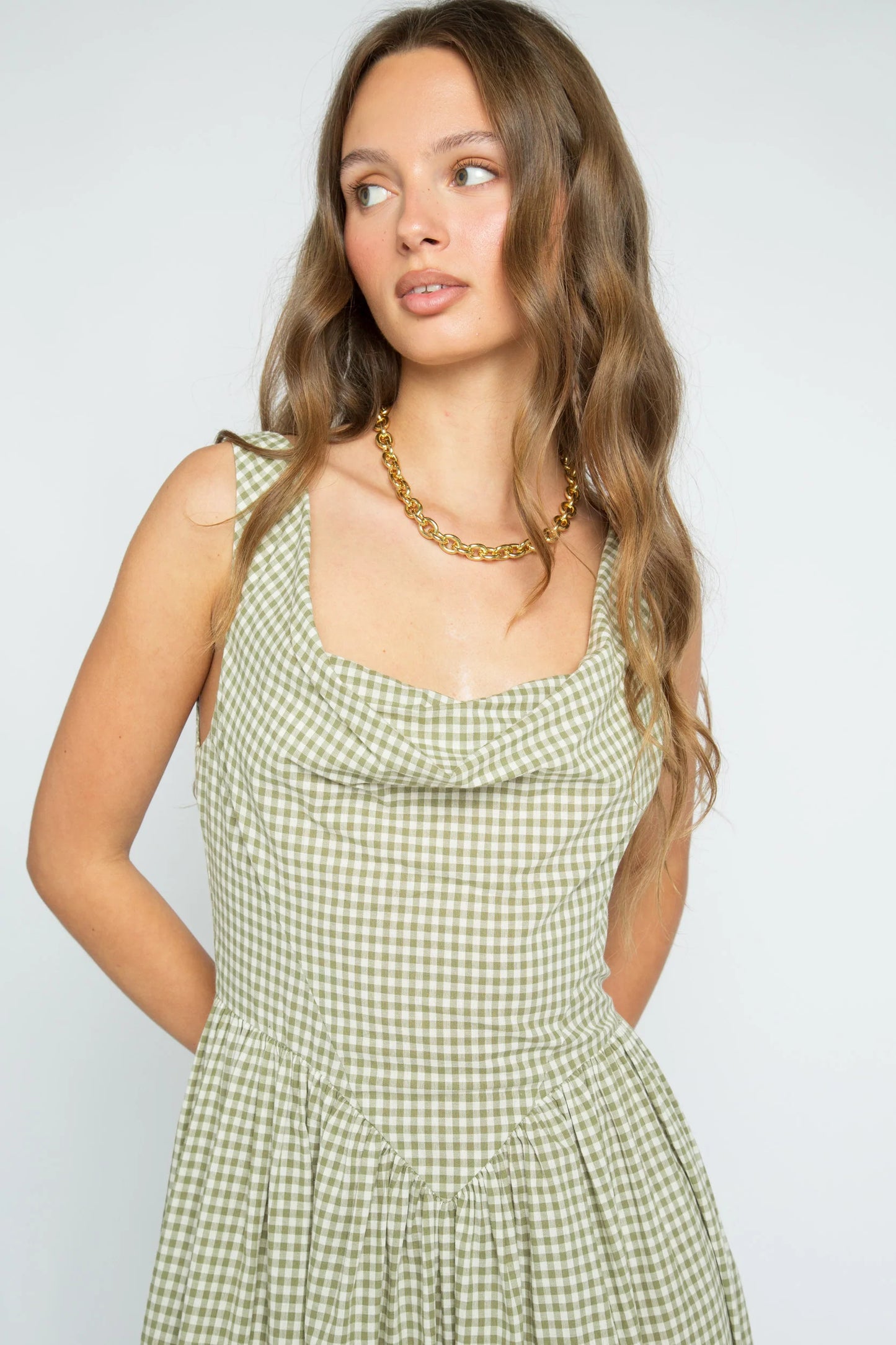 Creme Check Cowl Neck Dress