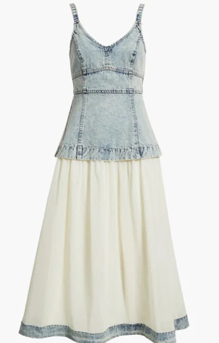 Mixed Media Washed Denim Sleeveless Midi