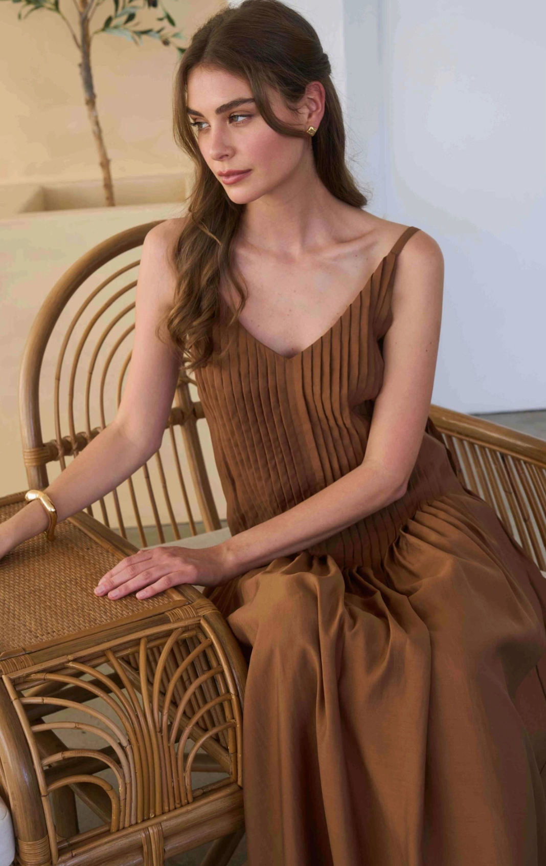 V Neck Pleated Front Detail Maxi Dress