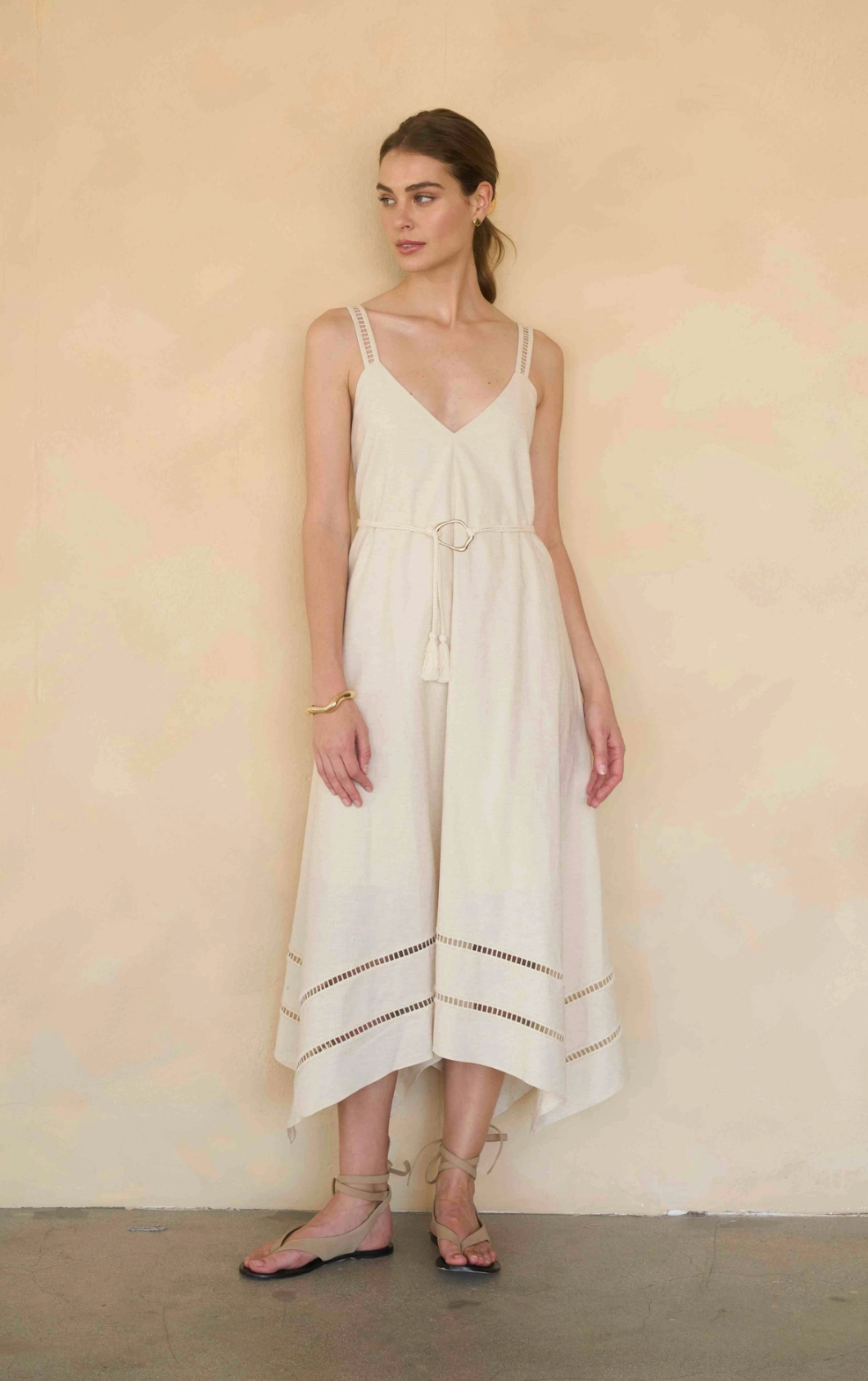 Sleeveless Asymmetric Hem Detail Belted Midi Dress