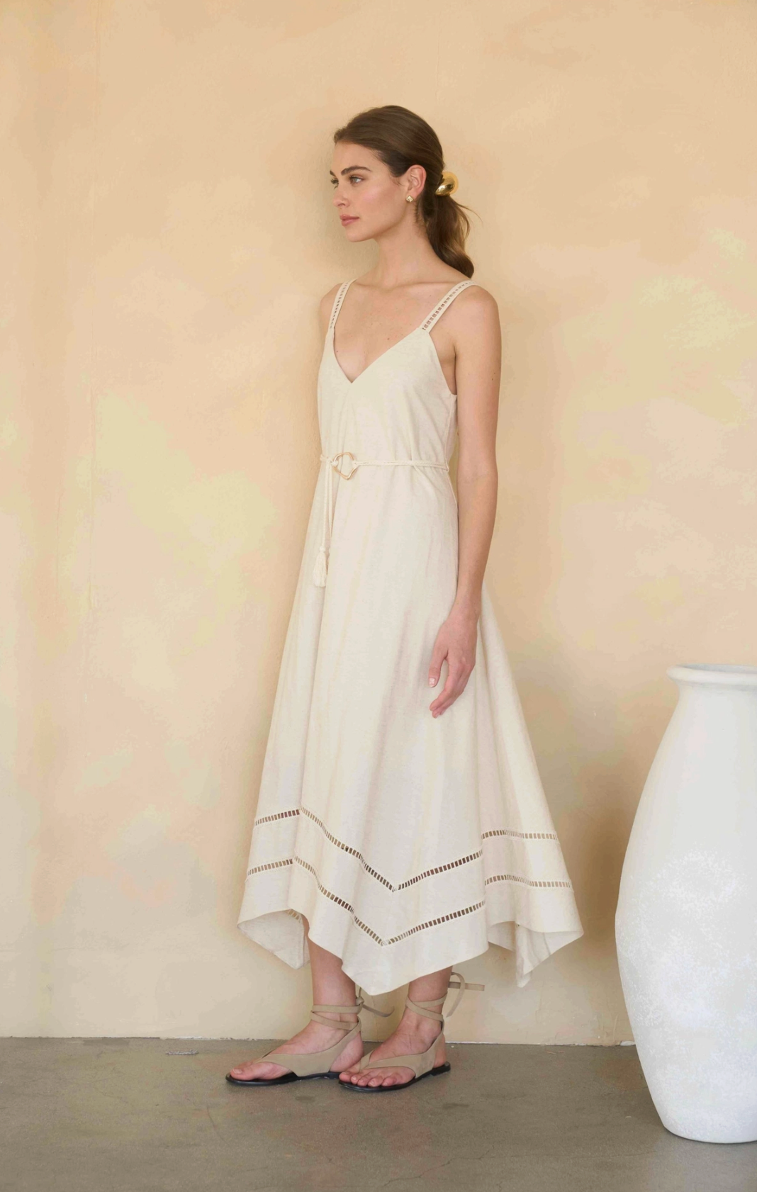 Sleeveless Asymmetric Hem Detail Belted Midi Dress