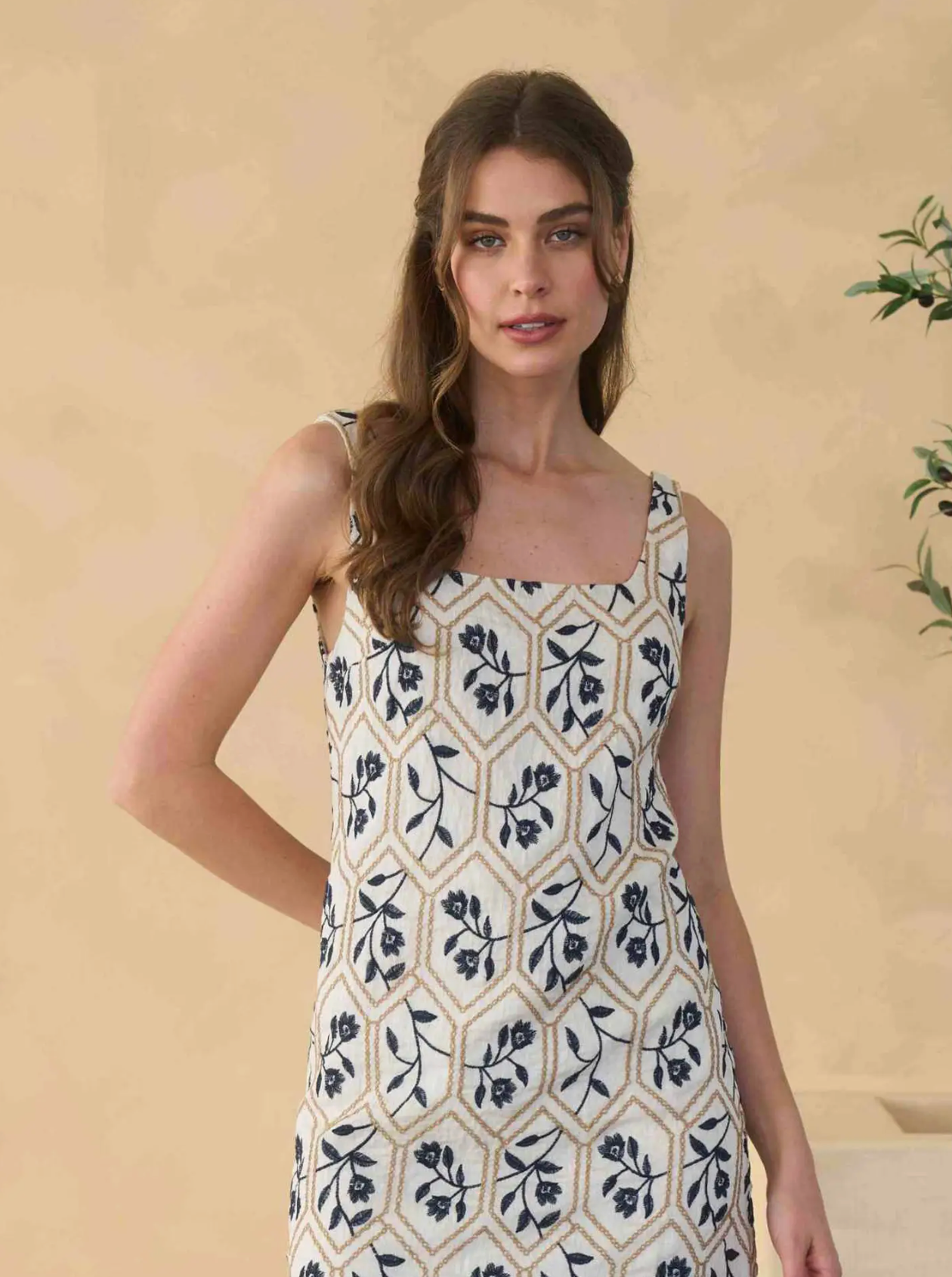Floral Tile Embroidery Sleeveless Linen Mini Dress