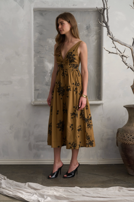 Embroidered Floral V Neck Sleeveless Midi Dress