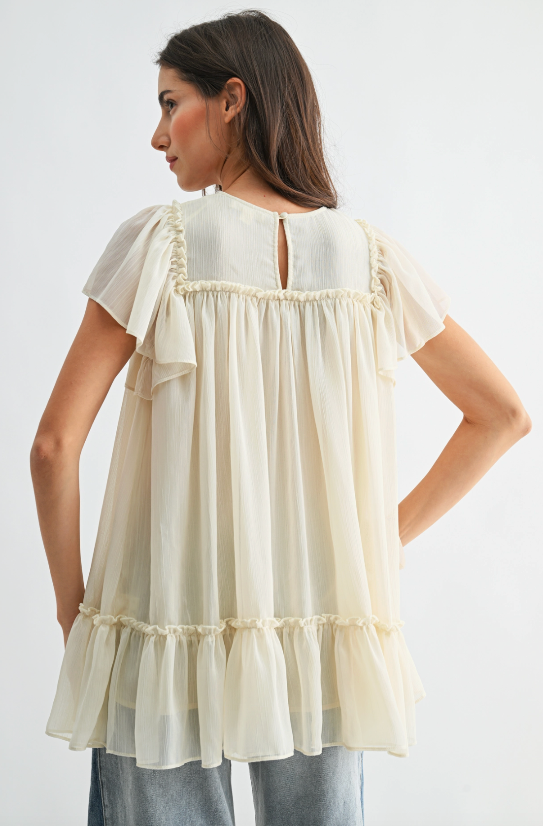 Sheer Lace Yoke Ruffle Sleeve Blouse