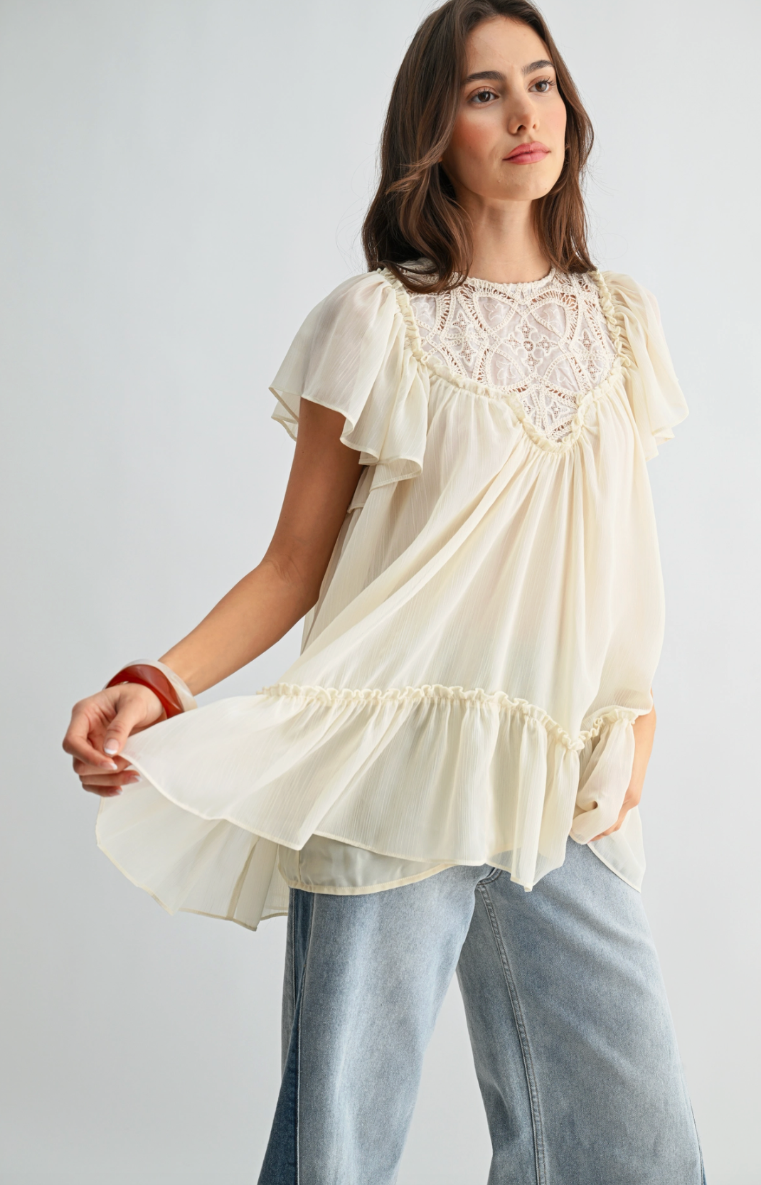 Sheer Lace Yoke Ruffle Sleeve Blouse