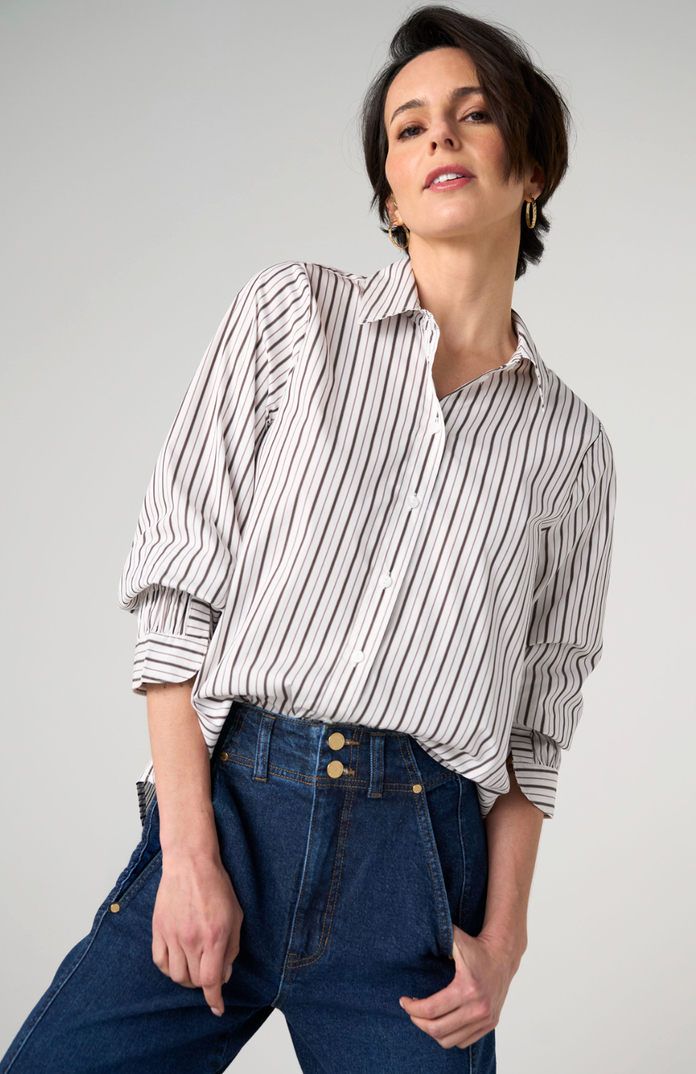 Adjustable Sleeve Button Front Woven Top