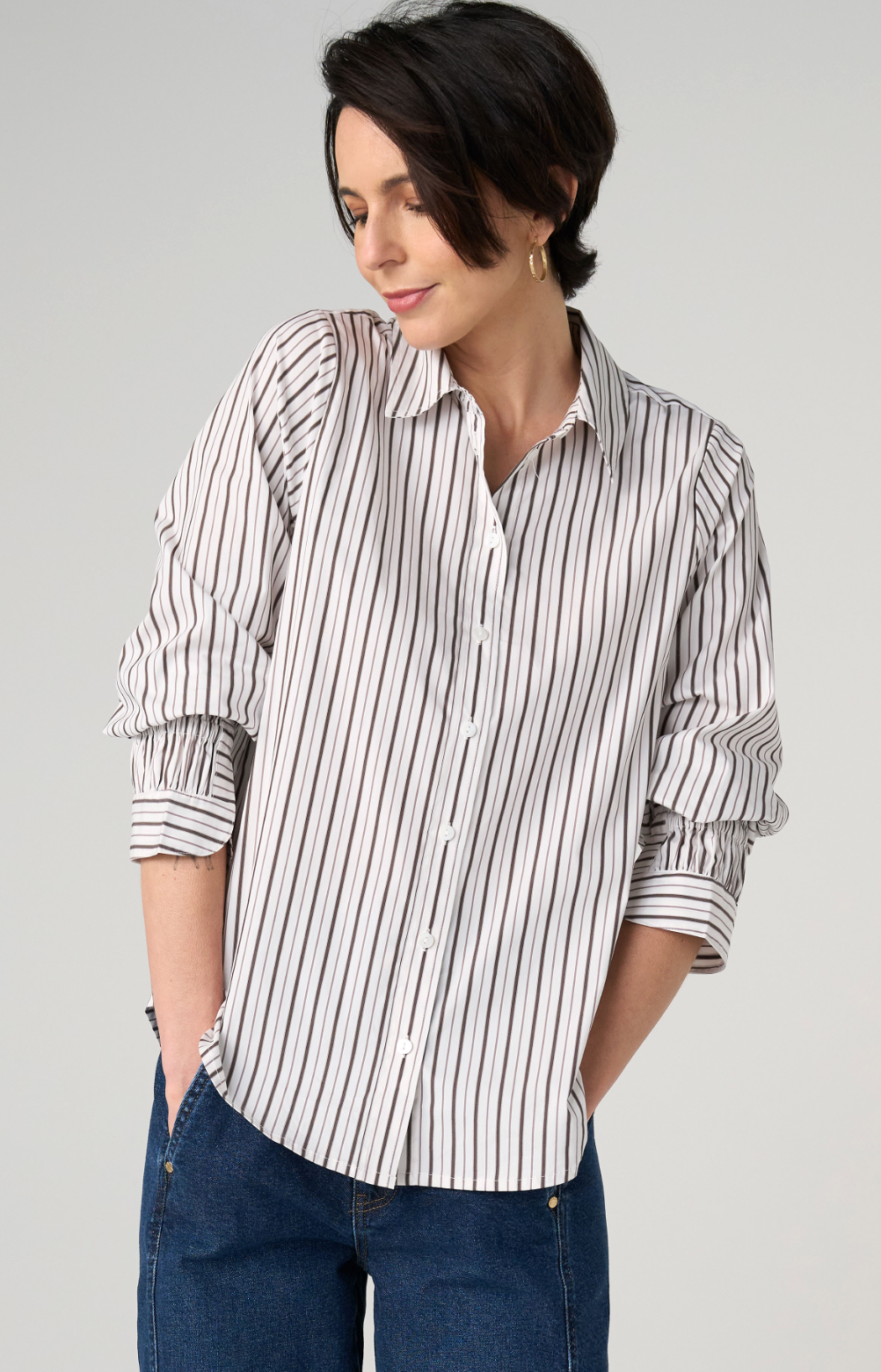 Adjustable Sleeve Button Front Woven Top