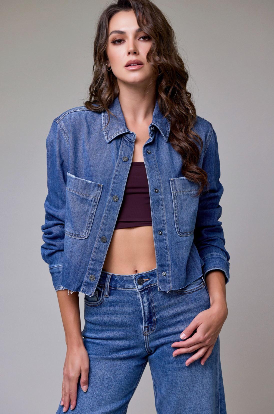 Medium Wash Cropped Denim Shirt